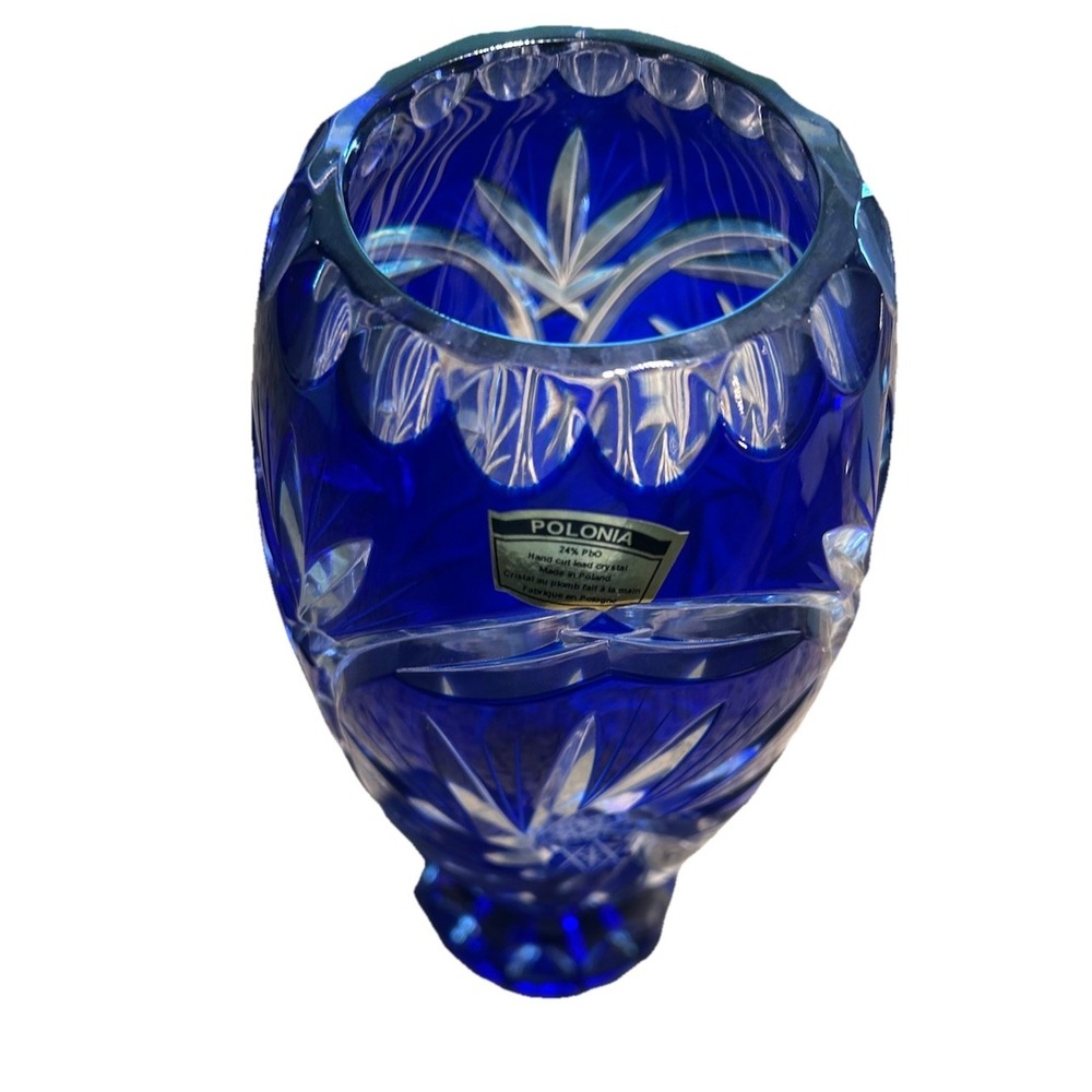 Polonia Poland Cobalt Blue‎ Cut Crystal Vase 11.5' Tall Elegant Detailed Heavy